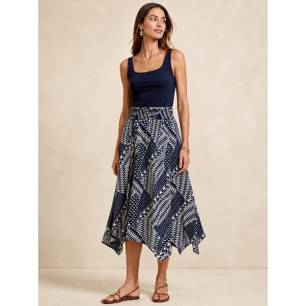 Style‎ & Co Womens Boho Smocked Waist Sharkbite Midi Skirt Blue XL Cotton